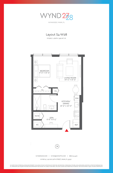 Floor plan for studio, 1 bath, 589 sqft